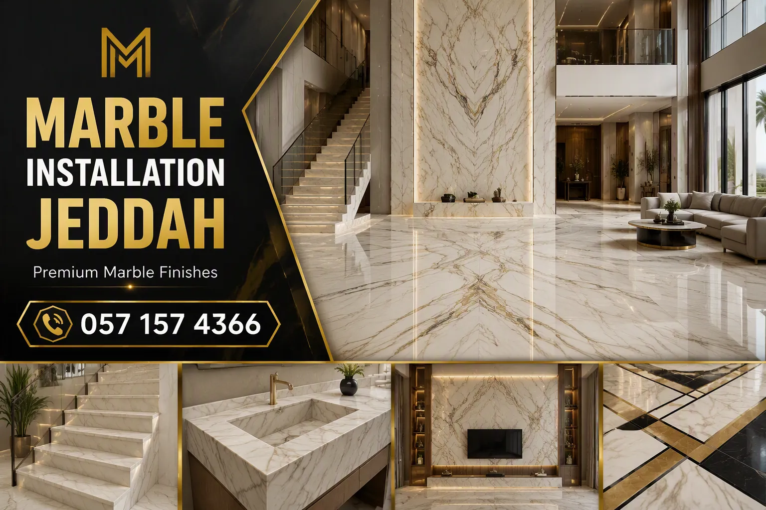Marble Installation Jeddah – Master Marble Jeddah fitters laying bookmatched Calacatta marble slabs in an Obhur villa hall