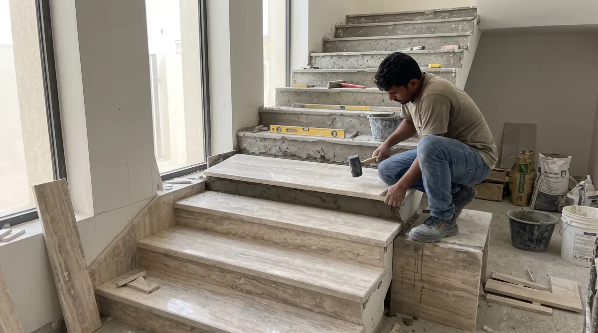 تركيب رخام درج جدة بقلبات وقوائم من رخام طبيعي في فيلا - معلم رخام جدة