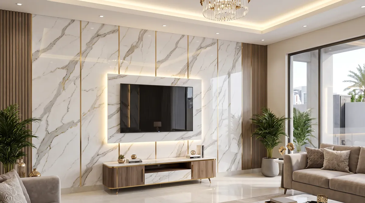 تركيب بديل الرخام جدة خلف شاشة التلفزيون مع بديل الخشب - معلم رخام جدة